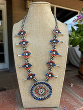 Load image into Gallery viewer, 4th Of July Collection Handmade Sterling Silver, Lapis, Coral &amp; CZ Blossom Necklace
