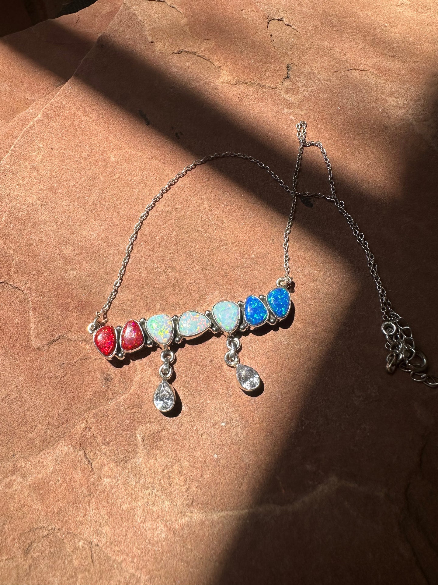 4th Of July Collection Handmade Sterling Silver & Red, White & Blue Fire Opal Cluster Necklace