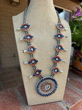 Load image into Gallery viewer, 4th Of July Collection Handmade Sterling Silver, Lapis, Coral &amp; CZ Blossom Necklace
