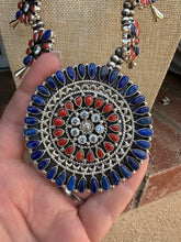 Load image into Gallery viewer, 4th Of July Collection Handmade Sterling Silver, Lapis, Coral &amp; CZ Blossom Necklace
