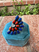 Load image into Gallery viewer, 4TH OF JULY COLLECTION Handmade Coral, Lapis, Mother of Pearl Adjustable Crescent Ring
