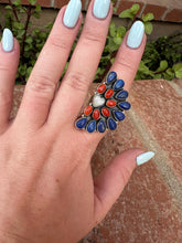 Load image into Gallery viewer, 4TH OF JULY COLLECTION Handmade Coral, Lapis, Mother of Pearl Adjustable Crescent Ring
