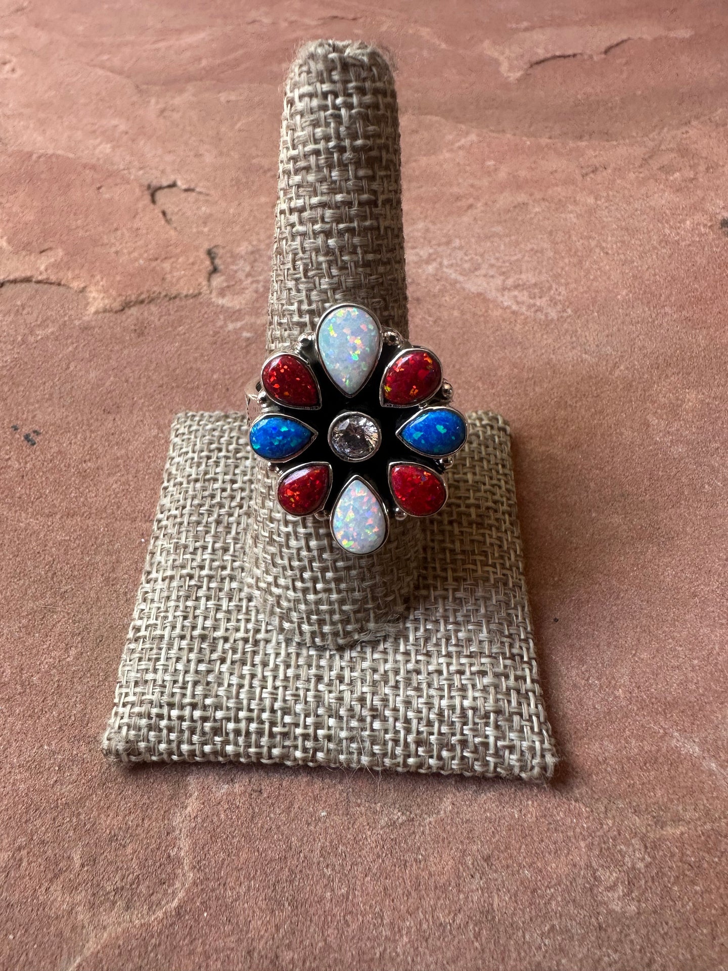 4TH OF JULY COLLECTION Handmade Red, White & Blue Fire Opal & Sterling Silver Adjustable Ring Signed Nizhoni