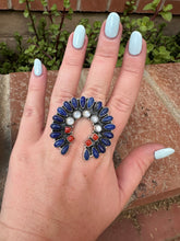 Load image into Gallery viewer, 4TH OF JULY COLLECTION Handmade Coral, Lapis, Mother of Pearl Adjustable Naja Ring
