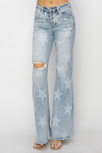 Load image into Gallery viewer, RISEN Mid Rise Button Fly Start Print Flare Jeans
