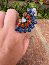 Load image into Gallery viewer, 4TH OF JULY COLLECTION Handmade Coral, Lapis, Mother of Pearl Adjustable Crescent Ring
