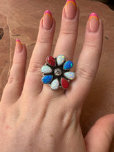 Load image into Gallery viewer, 4TH OF JULY COLLECTION Handmade Red, White &amp; Blue Fire Opal &amp; Sterling Silver Adjustable Ring Signed Nizhoni
