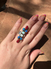 Load image into Gallery viewer, 4TH OF JULY COLLECTION Handmade Red, White &amp; Blue Fire Opal &amp; Sterling Silver Adjustable Ring Signed Nizhoni
