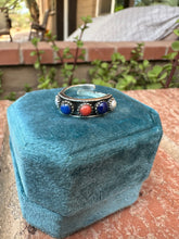 Load image into Gallery viewer, 4TH OF JULY COLLECTION Handmade Coral, Lapis, Mother of Pearl Adjustable Band Ring
