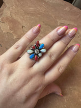 Load image into Gallery viewer, 4TH OF JULY COLLECTION Handmade Red, White &amp; Blue Fire Opal &amp; Sterling Silver Adjustable Ring Signed Nizhoni
