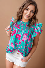 Load image into Gallery viewer, Ruffled Printed Mock Neck Cap Sleeve Blouse
