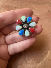 Load image into Gallery viewer, 4TH OF JULY COLLECTION Handmade Red, White &amp; Blue Fire Opal &amp; Sterling Silver Adjustable Ring Signed Nizhoni
