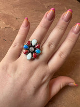 Load image into Gallery viewer, 4TH OF JULY COLLECTION Handmade Red, White &amp; Blue Fire Opal &amp; Sterling Silver Adjustable Ring Signed Nizhoni
