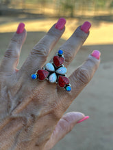 Load image into Gallery viewer, 4TH OF JULY COLLECTION Handmade Red, White &amp; Blue Fire Opal &amp; Sterling Silver Adjustable Ring Signed Nizhoni
