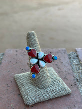 Load image into Gallery viewer, 4TH OF JULY COLLECTION Handmade Red, White &amp; Blue Fire Opal &amp; Sterling Silver Adjustable Ring Signed Nizhoni
