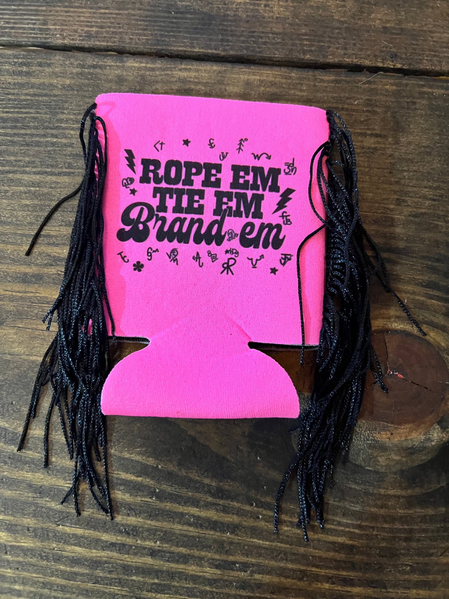 Rope'em Tie'em Brand'em Fringe Koozie