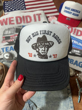 Load image into Gallery viewer, Not His First Rodeo Trump Trucker HatBlack &amp; White
