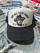 Load image into Gallery viewer, Not His First Rodeo Trump Trucker HatBlack &amp; White
