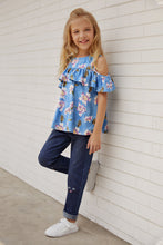 Load image into Gallery viewer, Girls Floral Cold-Shoulder Ruffled Top
