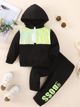 Load image into Gallery viewer, Baby Two-Tone Hoodie and Letter Graphic Joggers Set
