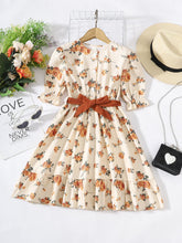 Load image into Gallery viewer, Girls Floral Tied Puff Sleeve Dress
