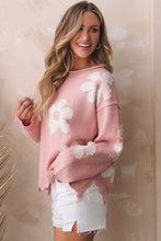 Load image into Gallery viewer, Flower Pattern Pearl Detail Rolled Slit Sweater
