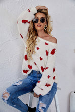 Load image into Gallery viewer, Heart Print Fuzzy Crewneck Long Sleeve Sweater
